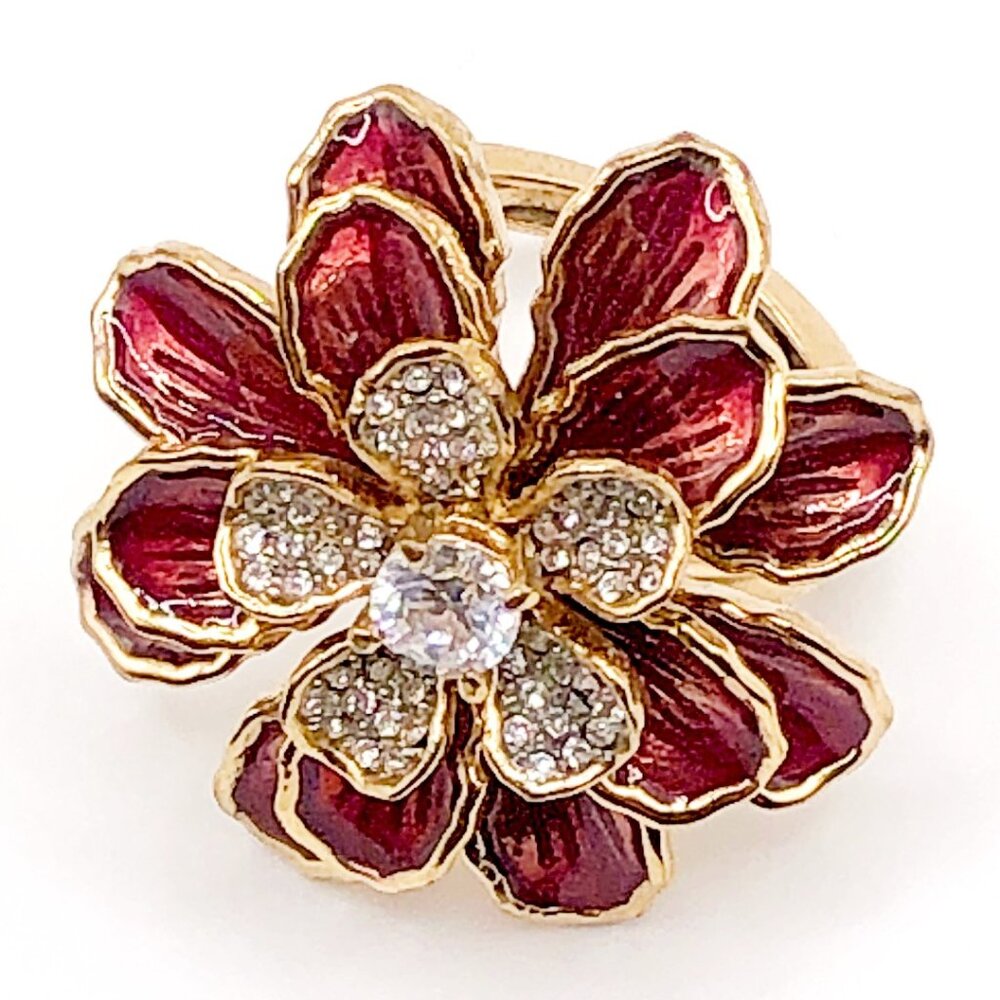 Vintage Juicy Couture Red Enamel Flower Ring Gold Tone Rhinestone Center 7.5 - Picture 3 of 12